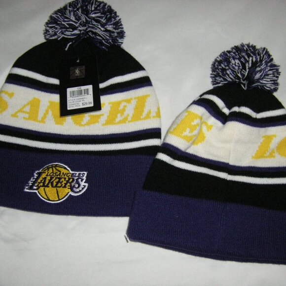 NBA Lakers Knit Hat Beanie Pom Pom Purple and Gold Patch OS Unisex NWT - Picture 1 of 11